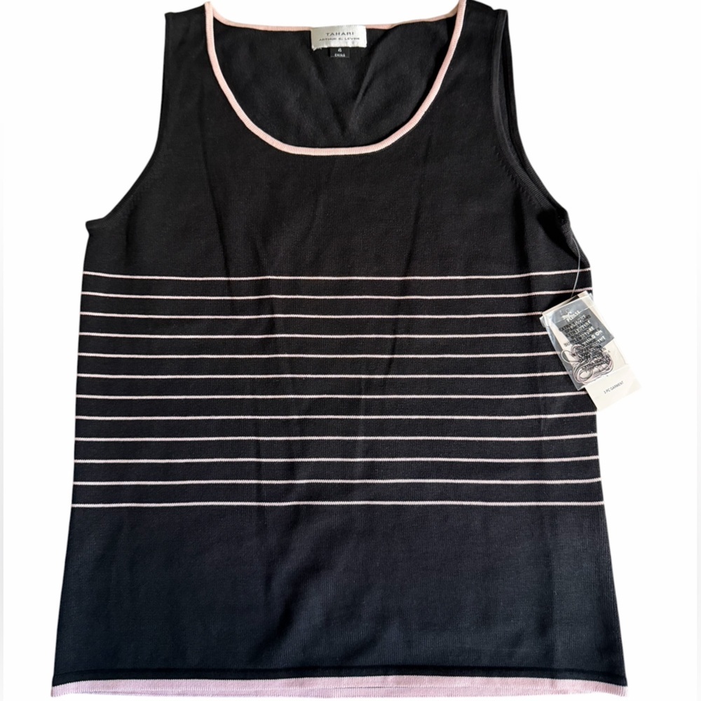 Vintage Tahari NWT Black Sleeveless Tank Light Pink Stripe Silk & Cotton Size 4